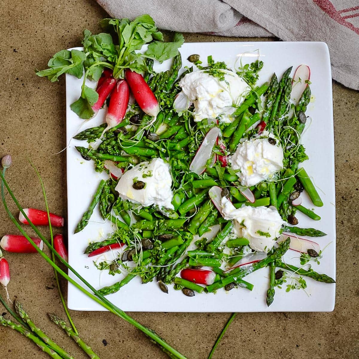 salade asperge, burrata et radis dans une assiette carrée avec herbes sur une table