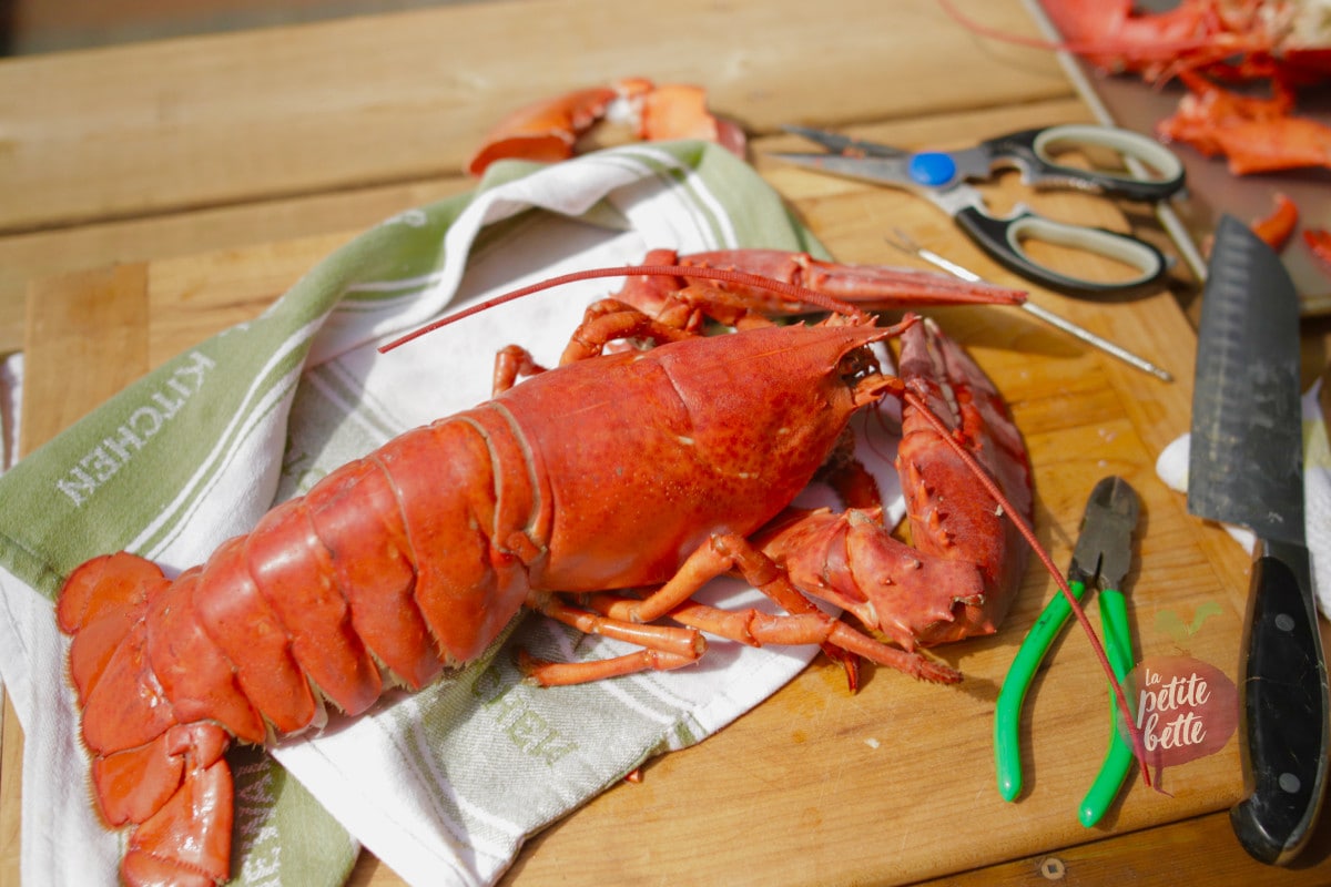 Cuisson du homard, homard entier cuit sur une planche avec les outils