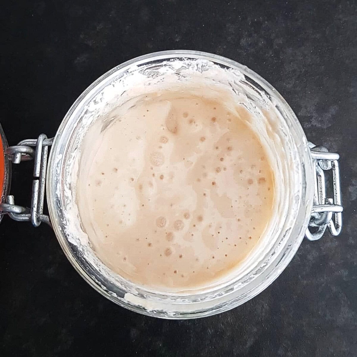 levain dans un pot en verre sur un comptoir noir