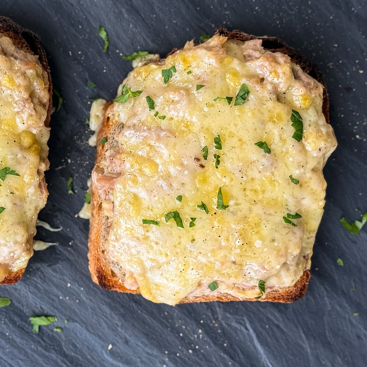 tuna melt sur une planche en ardoise avec fromage fondu