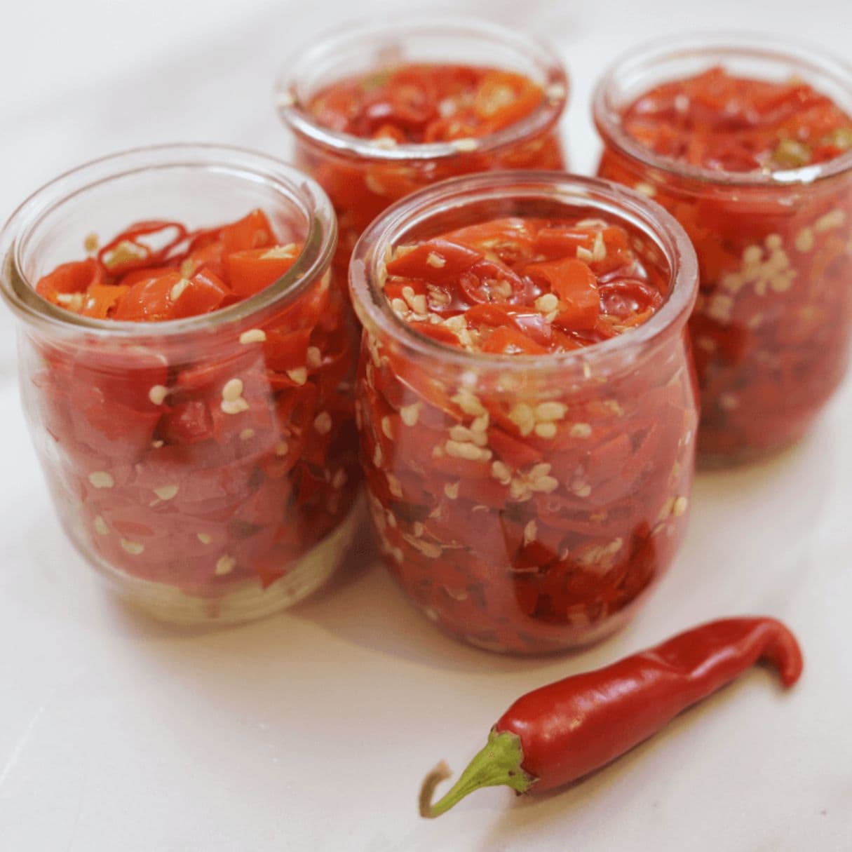 peperoncino piment mariné en petits pots (4) sur comptoir blanc