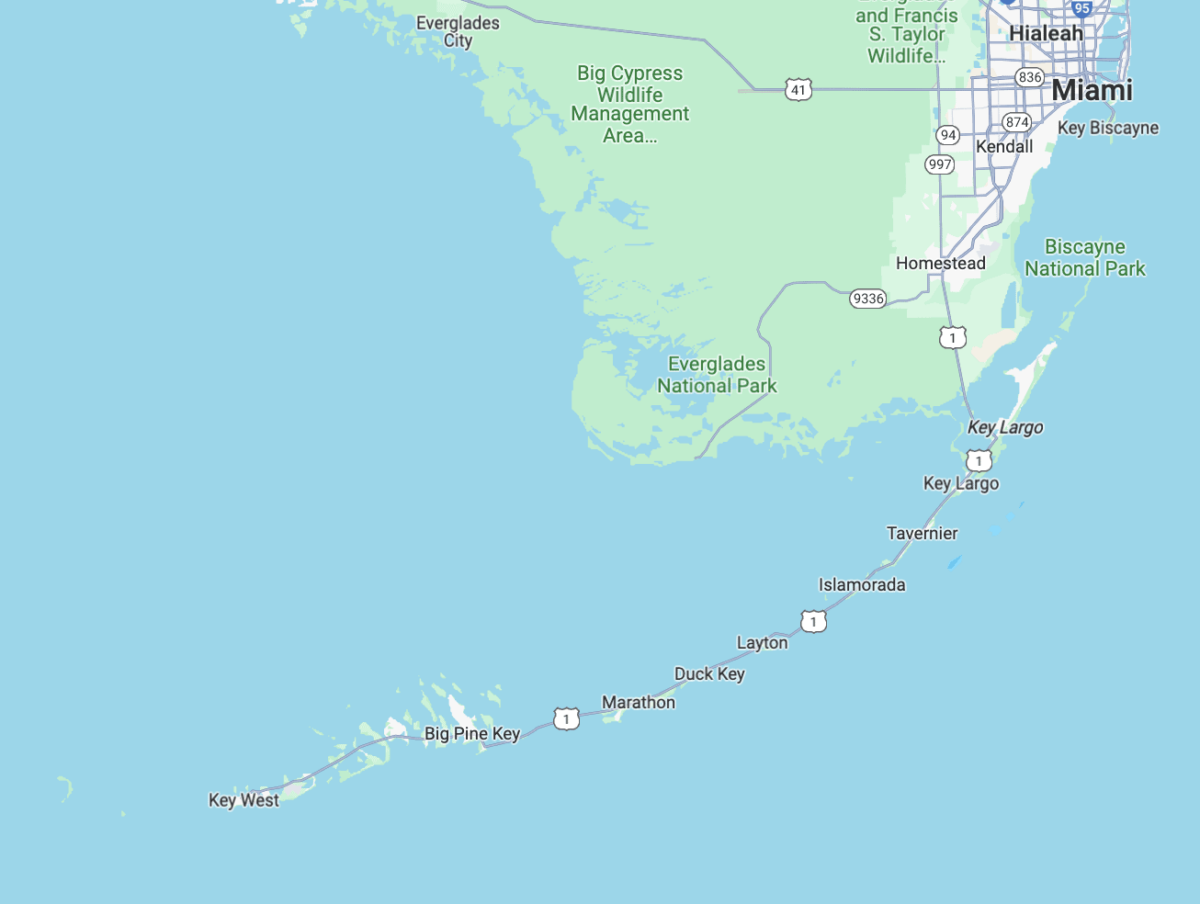 carte des Florida Keys de Miami à Key West