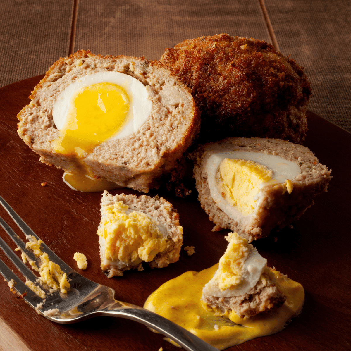 oeuf écossais ouvert sur une planche avec fourchette et sauce mayonnaise jaune