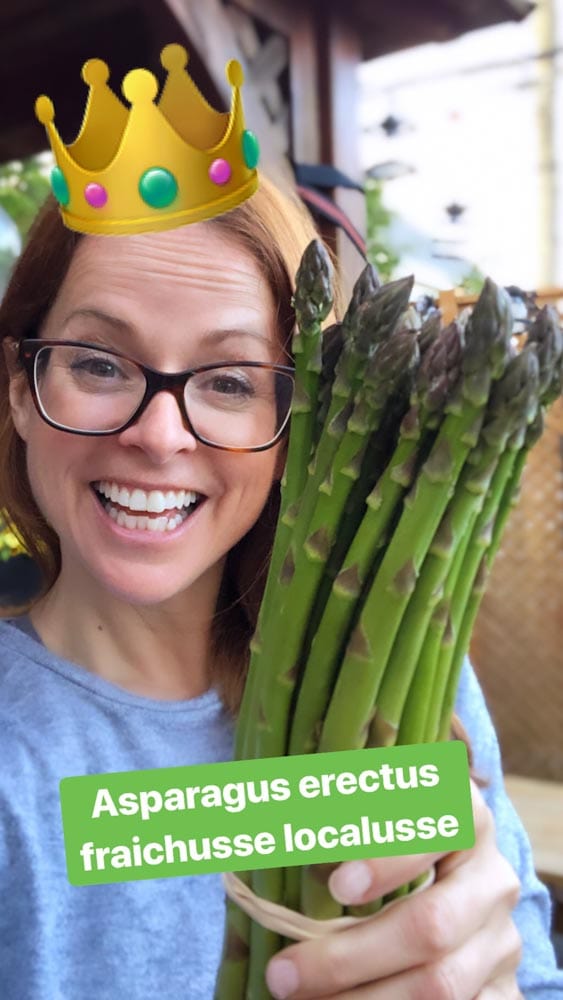 Manon Lapierre en story qui porte une couronne avec bouquet d'asperges à la main, texte dit: Aspergus erectus fraichusse localus