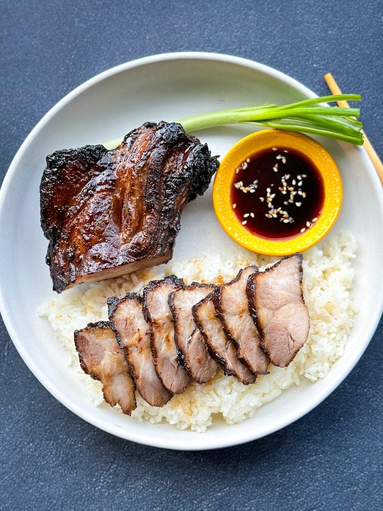 porc bbq dans une assiette avec tranches et gros morceau d'épaule de porc, riz, sauce et oignon vert