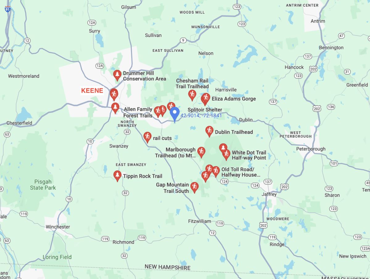 Pistes cyclables et sentiers région Monadnock carte google