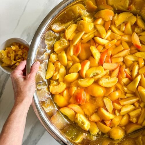 segment de pêches dans un cul-de-poule avec main qui tient