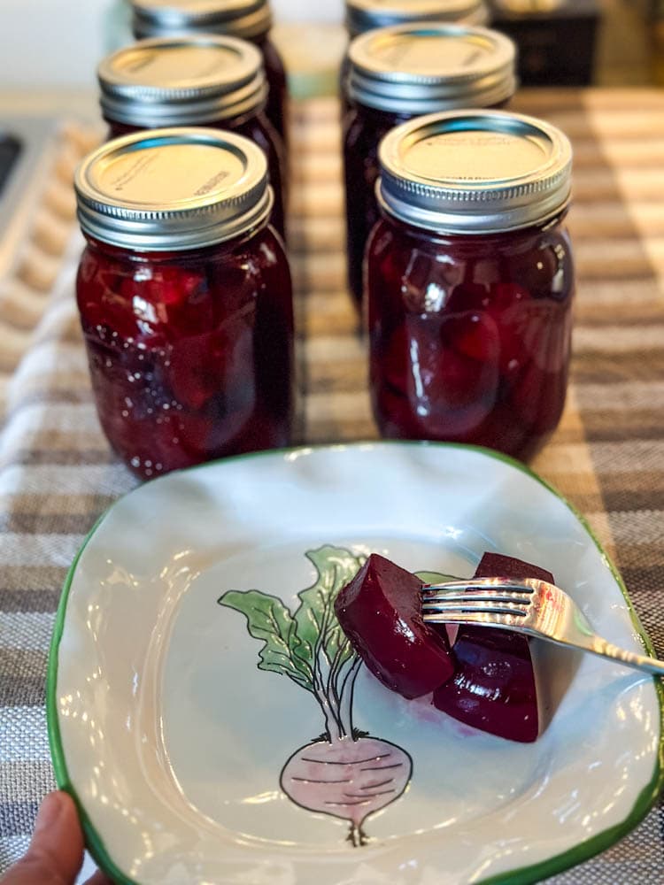 betterave marinée en gros dés dans une assiette avec bocaux de conserve en arrière plan