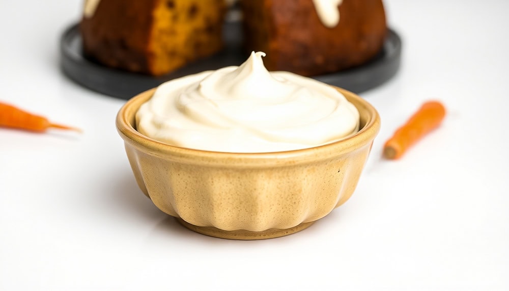 bol de glaçage au fromage à la crème devant un gâteau style bundt aux carottes