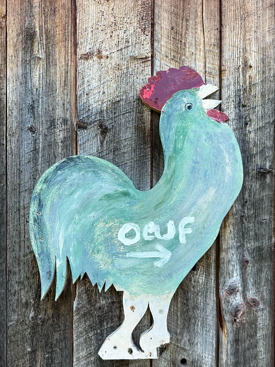 décoration de poulet en métal marqué oeuf sur un mur de bois de grange