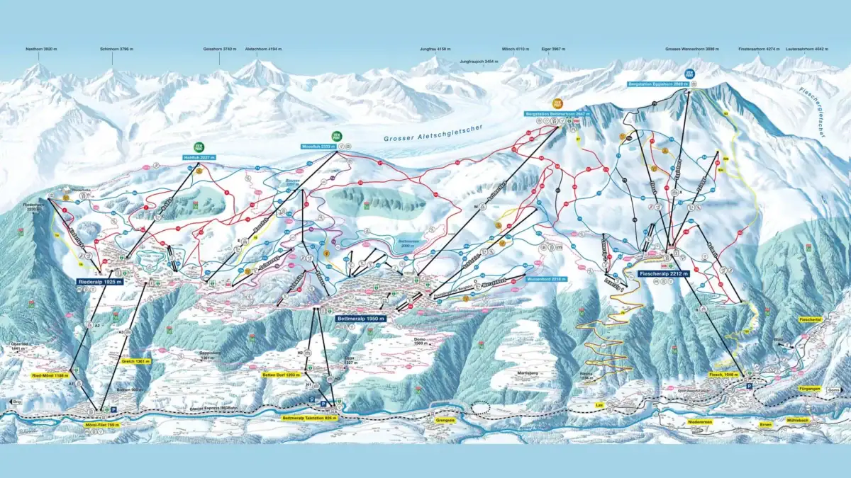 carte des pistes de ski de Aletsch Arena en Suisse