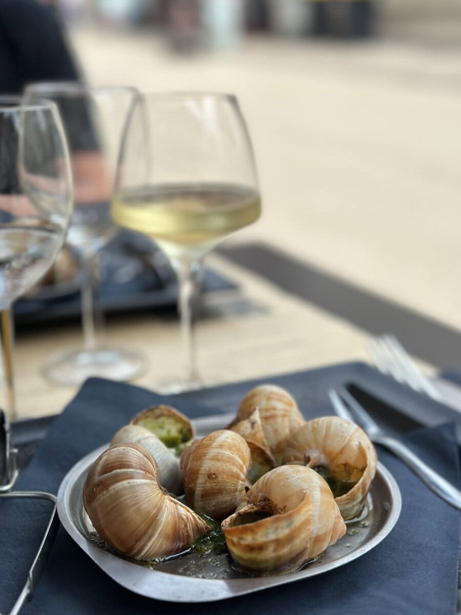 plat d'escargots au restaurant avec verre de vin blanc en terrasse