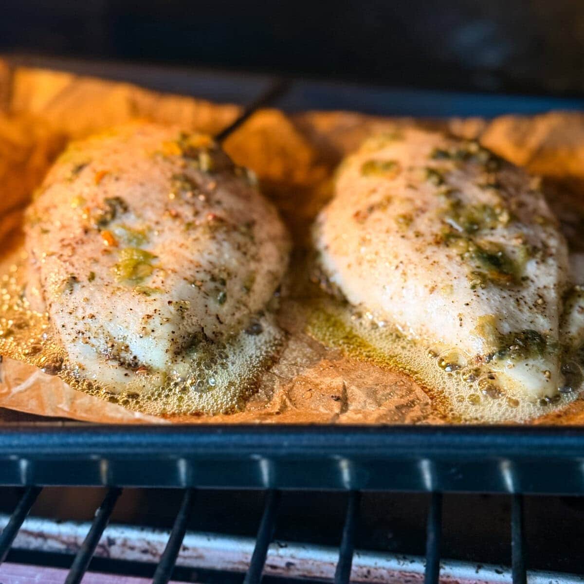 deux poitrines de poulet sur une plaque recouverte de papier cuisson, au four, thermomètre inséré dans l'une d'elle