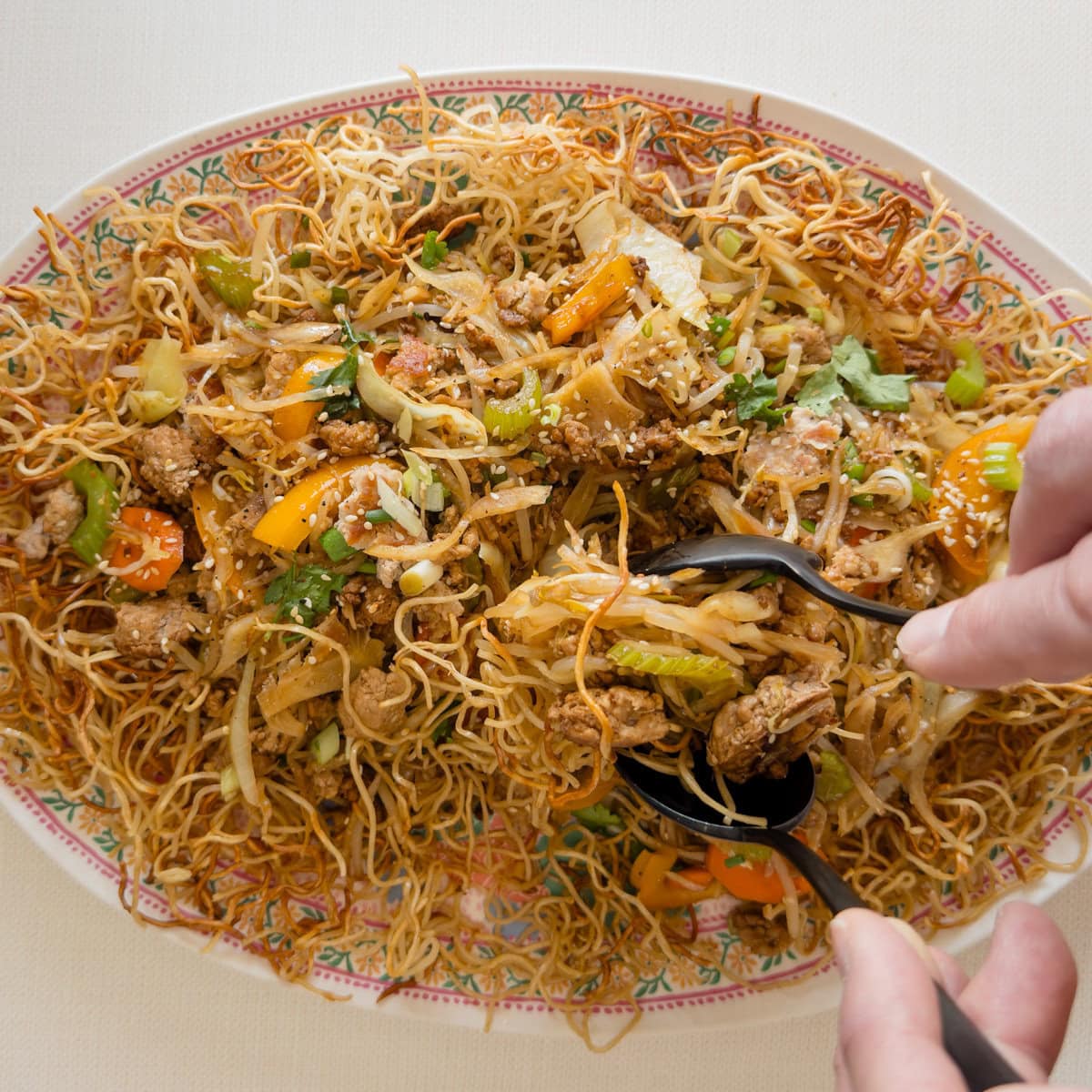 mains qui sert du chow mein aux légumes et au porc